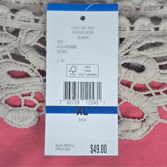 Evan Picone Pink Coral Top with Contrast Ivory Crochet Lace Yoke. Size XL NEW - Picture 3 of 8